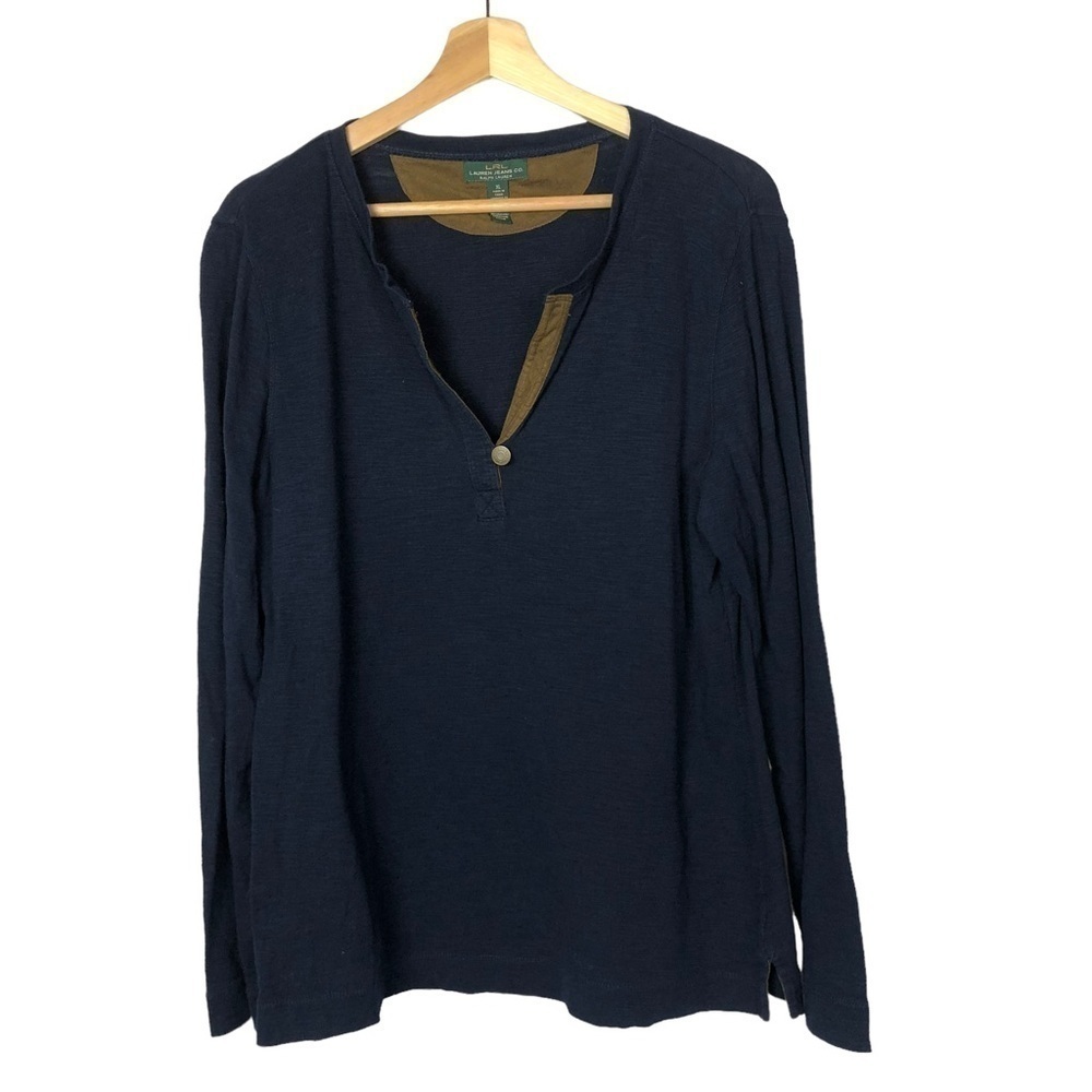 Lauren Ralph‎ Lauren Navy Blue Brown Suede Trim Long Sleeve XL